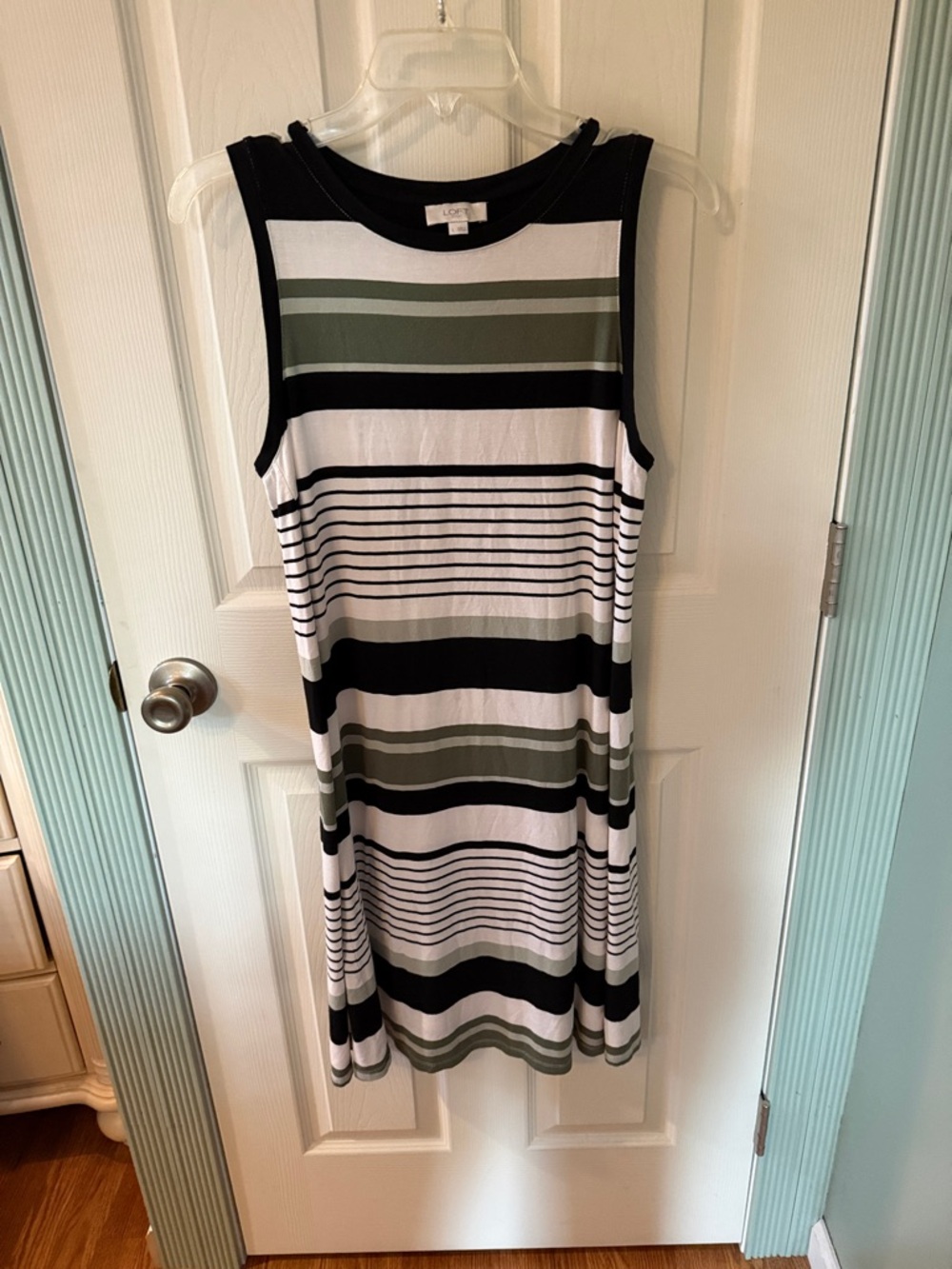 LOFT Striped Sleeveless Midi Dress in Black, White & Olive